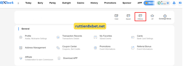 Người dùng điều hướng đến mục "Rút Tiền" trong bảng điều khiển của 8xbet